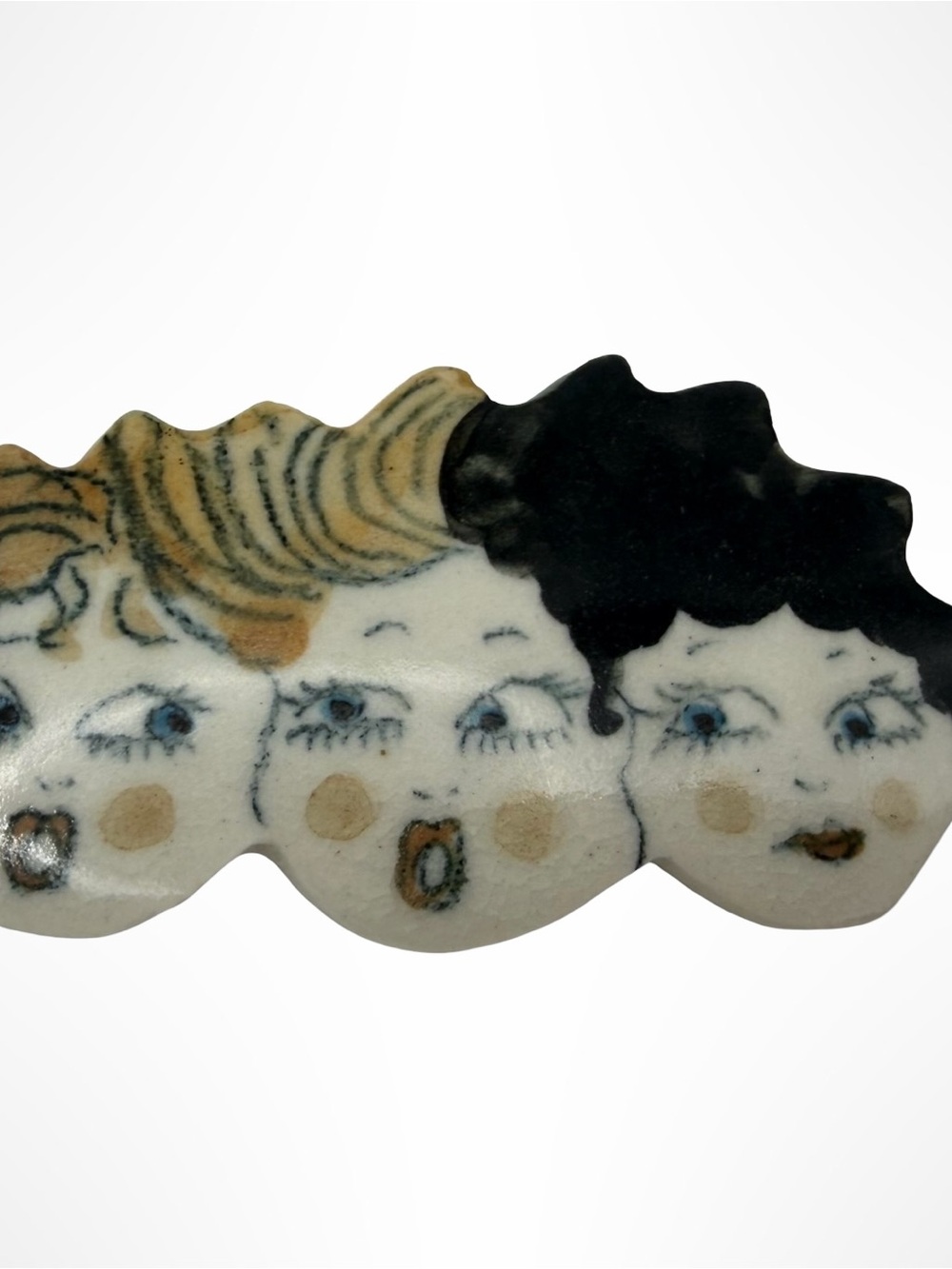 Vintage Artisan Ceramic Three Ladies Face Brooch Hand Painted Whimsical Pin